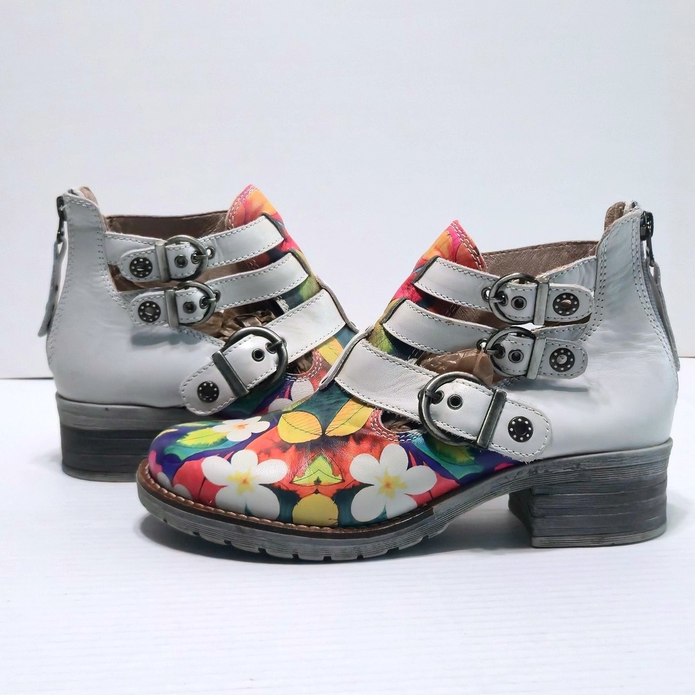 Dromedaris Kelsy Women's 38 Leather Ankle Boots Floral Boho Buckle White Multi
